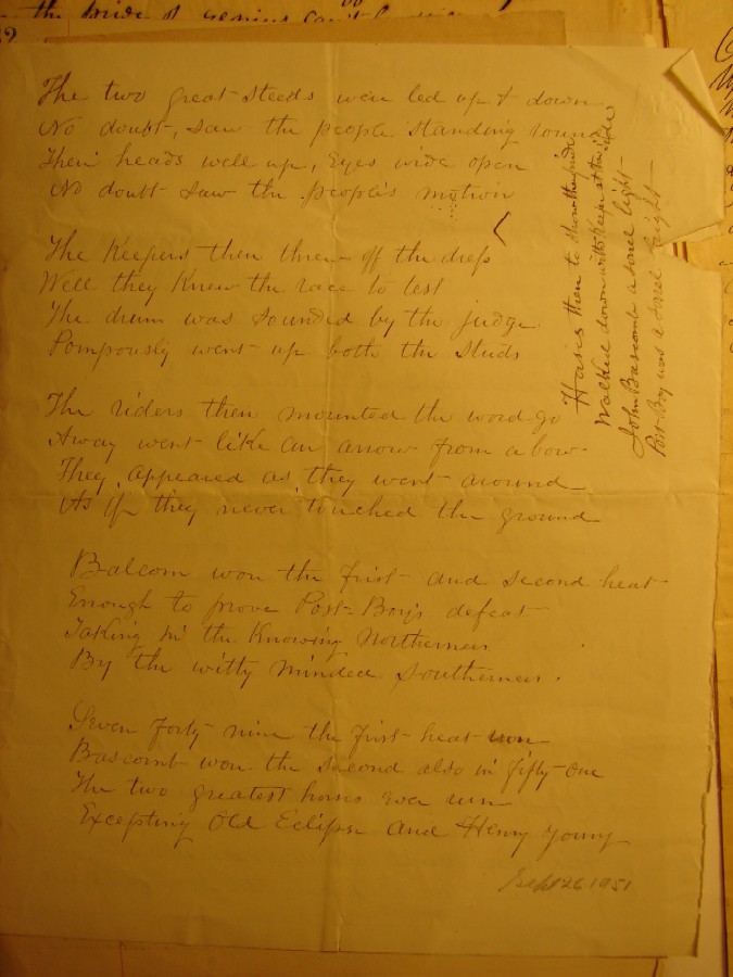 1836 Horse race poem by Inwood resident Isaac Dyckman. 1836 poem by Isaac Dyckman page 2