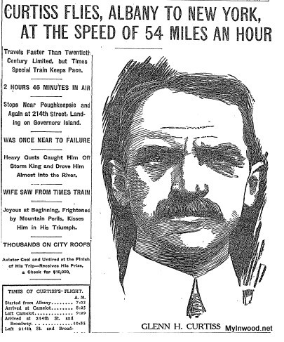 Aviator Glenn Hammond Curtiss shattered the long distance flight record when he landed on the current site of Isham Park in northern Manhattan in 1910. (New York Times, May 30, 1910) Aviator Glenn Hammond Curtiss shattered the long distance flight record when he landed on the current site of Isham Park in northern Manhattan in 1910. (New York Times, May 30, 1910)
