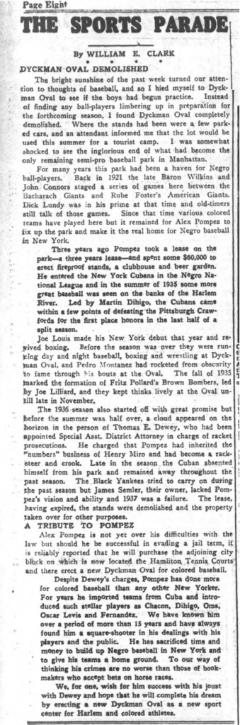 Dyckman Oval Demolished, New York Age, April 2, 1938.