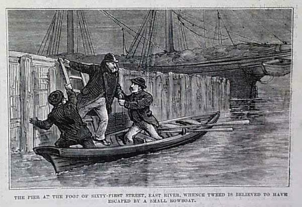 Boss Tweed climbs into rowboat before fleeing to Spain. Could the boatman have been "Pop" Seeley? (Frank Leslie's Illustrated Dec 18, 1875)
