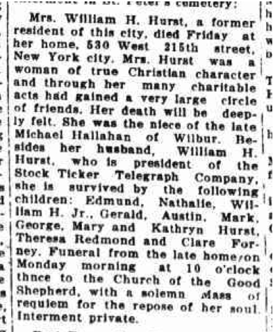 Minnie Hurst obituary- The Kingston Daily Freeman, Jan 26, 1929