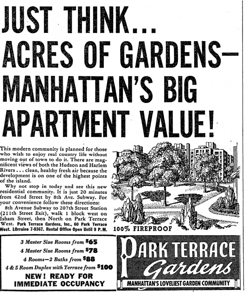 Park Terrace Gardens apartment advertisement, August 31, 1939, New York Times.