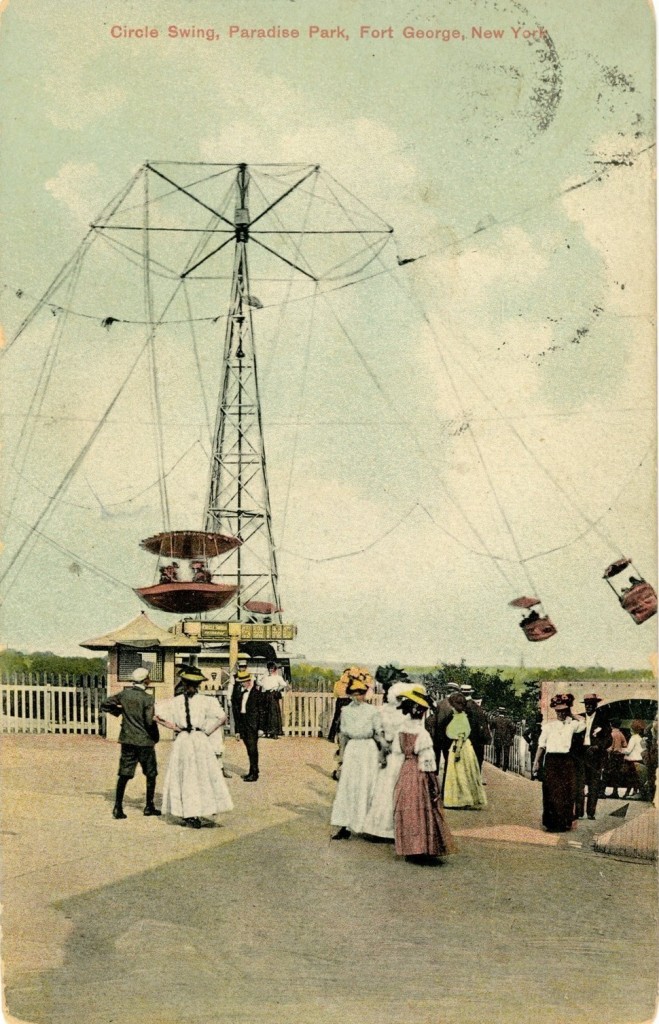 Fort George Amusement Park swing ride postcard, 1909.