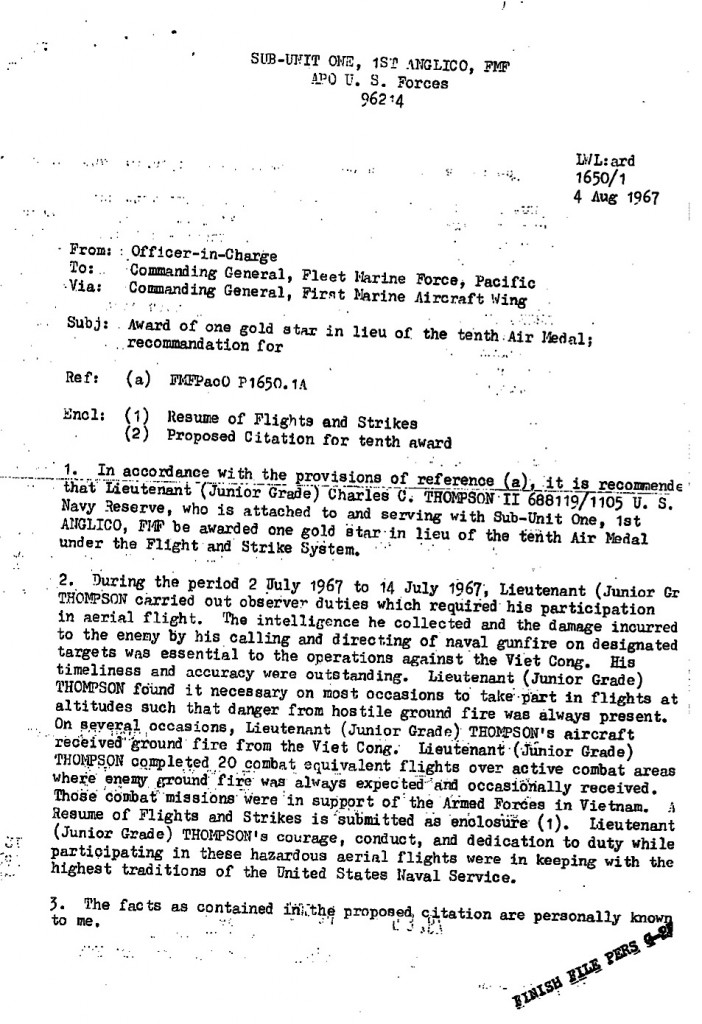 Portion of my father's, Charles C. Thompson II, Vietnam service record. Thanks Dad!