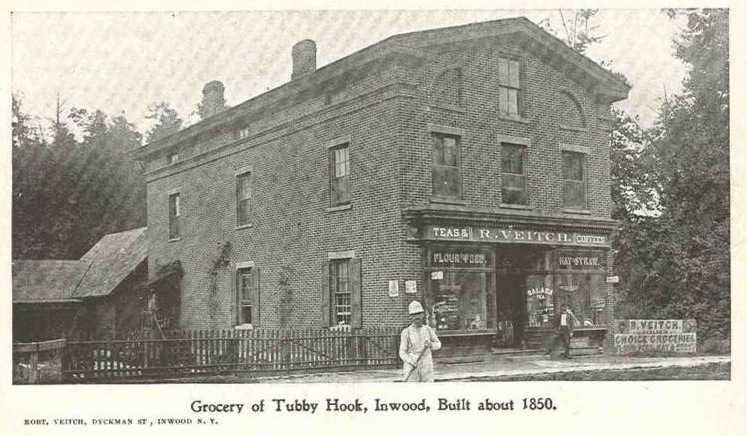 Turn of the century postcard depicting Veitch's grocery on Dyckman just west of Broadway. Note the card reads "Tubby Hook" rather than "Inwood."