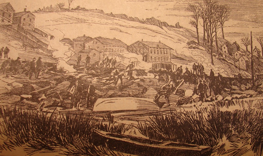 "Scene of Spuyten Duyvil wreck, looking toward the northwest, just after the railroad tracks had been cleared. In the foreground is the creek, which marked the boundary line between Spuyten Duyvil and Manhattan. In the center are shown Kilcullen's Hotel and Saloon, to which the victims were taken." Source: Railroad Stories, 1935.