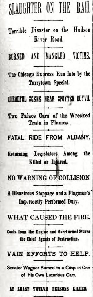 Spuyten Duyvil train crash headline, New York Herald, January 14, 1882.