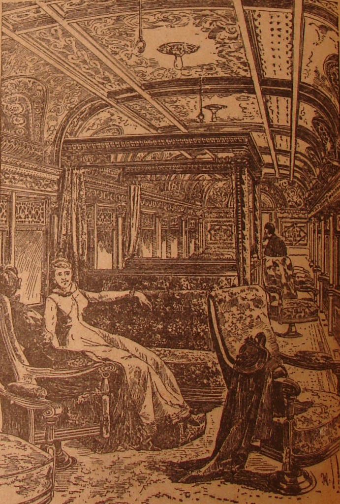 Interior view of parlor car showing the luxury of travel in the 1880's. Source: Railroad Stories, 1935.