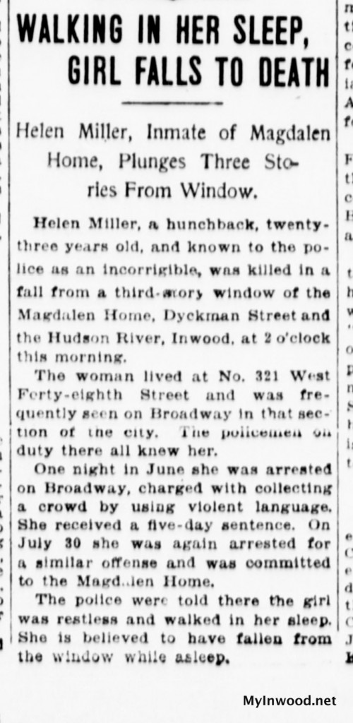 Magdalen girl falls to death while sleepwalking, Evening World, September 17, 1916.
