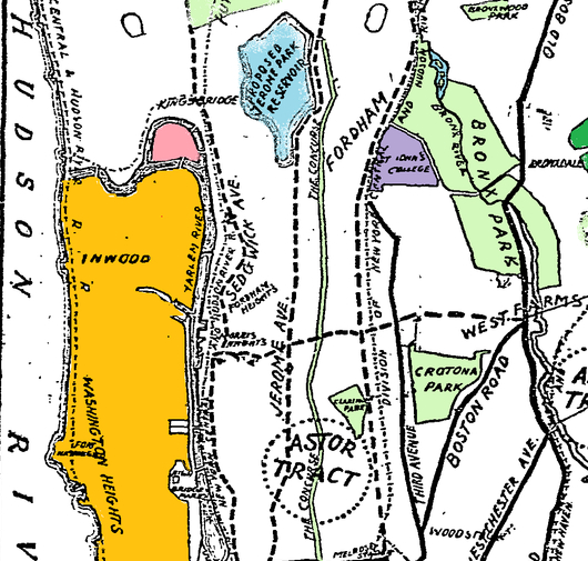 Detail of 1896 New York Times map. Note the original path of the Spuyten Duyvil Creek around Marble Hill (highlighted in pink).