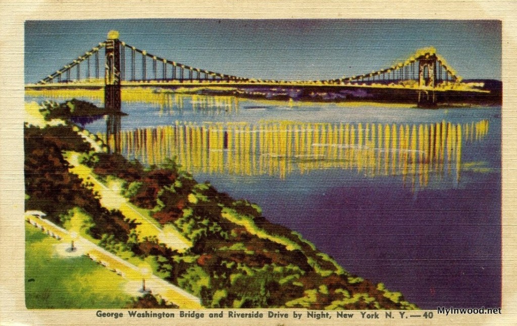 George Washington Bridge at night, undated postcard.
