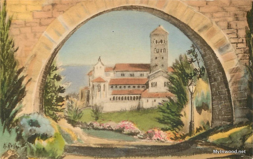 Handcolored postcard of the Cloisters, circa 1930's.