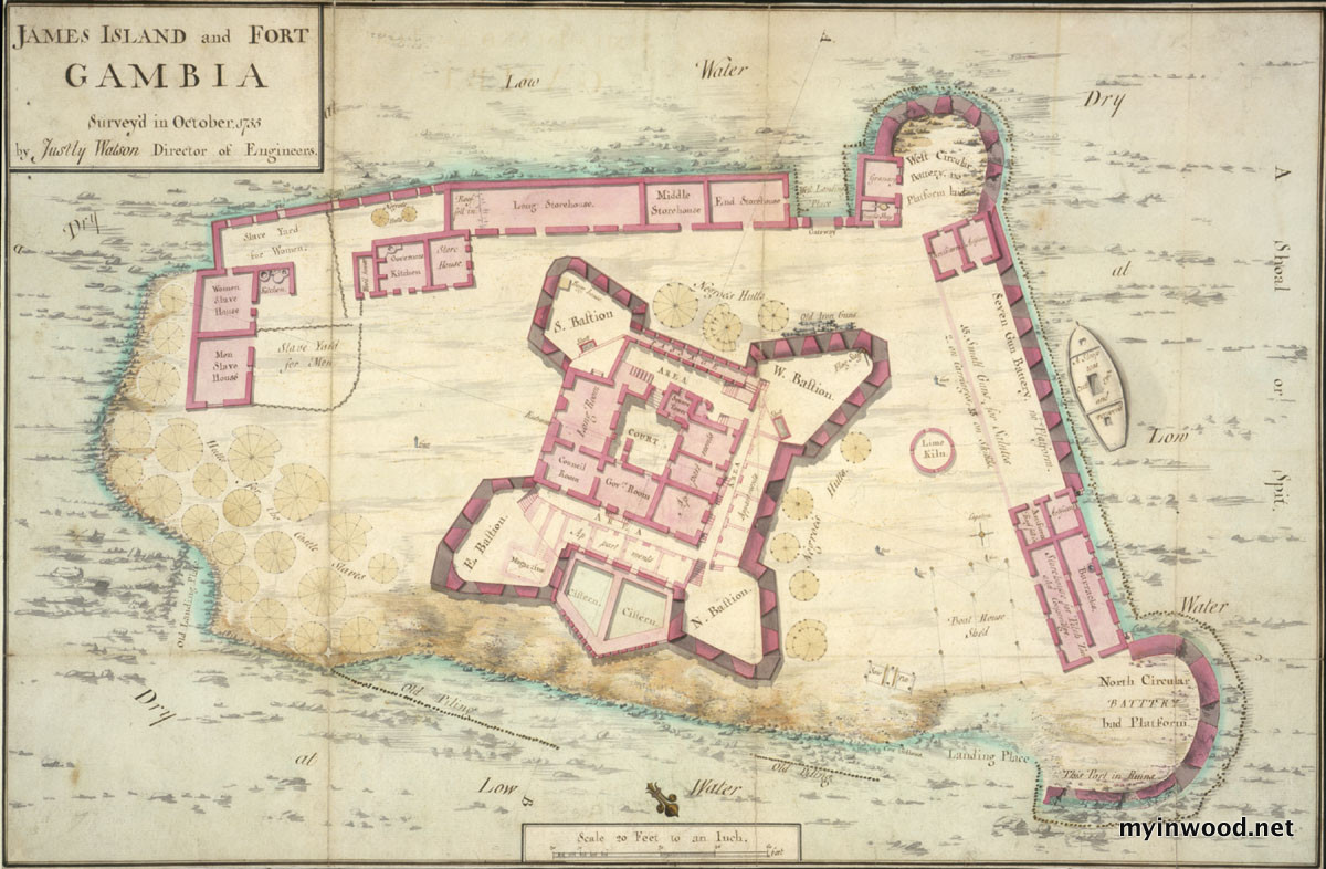1775 map of Fort James and James Island near the mouth of the River Gambia. In 2011 the island was renamed Kunta Kinteh Island. 1775 map of Fort James and James Island near the mouth of the River Gambia. In 2011 the island was renamed Kunta Kinteh Island.