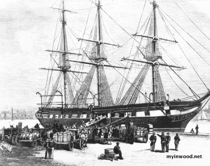The USS Constellation loading famine relief supplies for Ireland at the New York Navy Yard, in March of 1880. Source: U.S. Naval Institute.