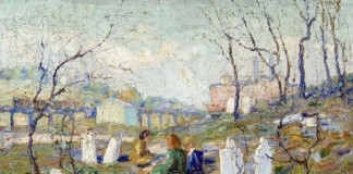 Ernest Lawson, Inwood graveyard, notice elevated train in background, ca 1912, Barnes Collection.