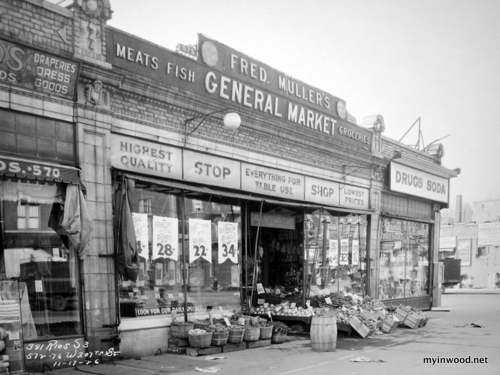 Fred Muller’s Market, Vermilyea Avenue and West 207th Street, 1926, NYHS.