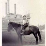 Photo from Nancy Clark Townsend, Bub on Barney – one of several horses and ponies at the Speedway Riding Ring – 3 times around for 25 cents.