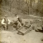 BOLTON – DFM REFERENCE ONLY Excavating the fireplace hut site l to r Jno Ward Dunsmore, R P Bolton, A A Hopkins unidentified children – lower res