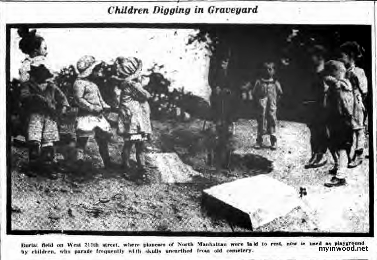 Ghoulish headline. Children play in Inwood graveyard, New York Evening Post, June 21, 1924.