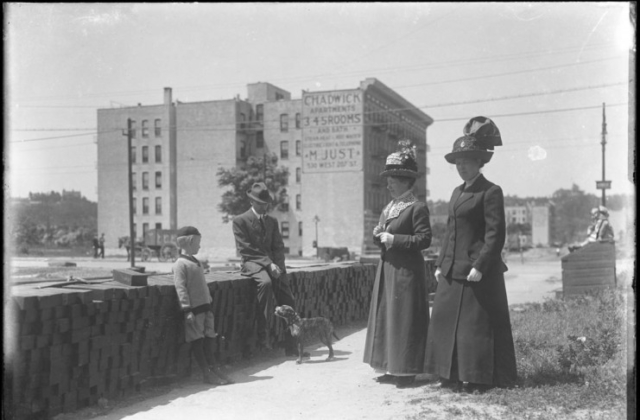 William Davis Hassler, Ethel Magaw Hassler, W.W. Lee and Louise standing with 150 Vermilyea Avenue in the background, undated ca. 1911-1913 NYHS