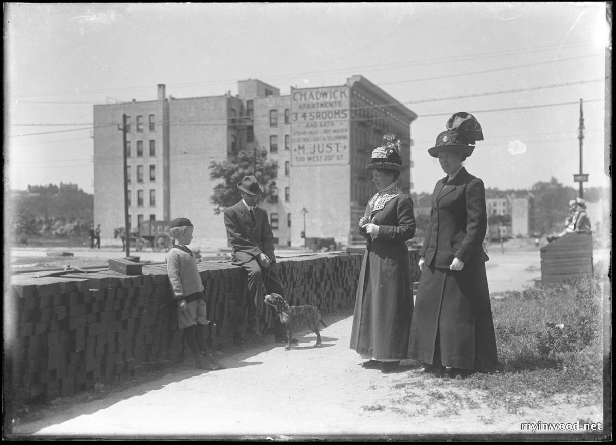 William Davis Hassler, Ethel Magaw Hassler, W.W. Lee and Louise standing with 150 Vermilyea Avenue in the background, undated ca. 1911-1913 NYHS