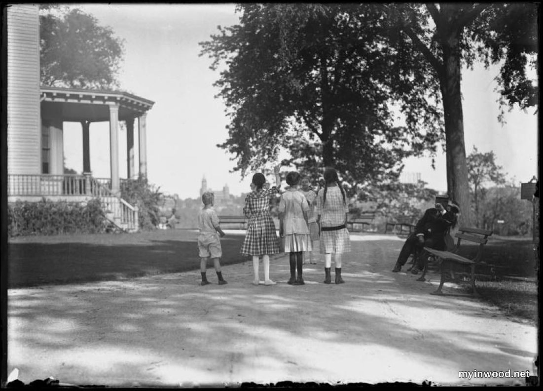 William Davis Hassler and four unidentified girls, seen from behind, Isham Park, Inwood, New York City, undated ca. 1913-1914, NYHS.