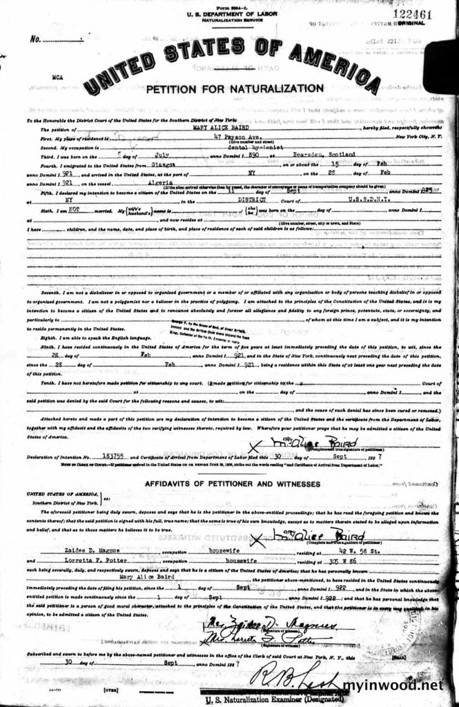 Naturalization papers for Mary Alice Bird – | My Inwood