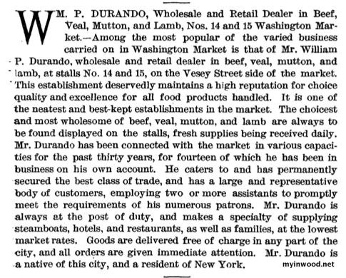Description of Durando's Butcher Shop, Illustrated New York, 1888.