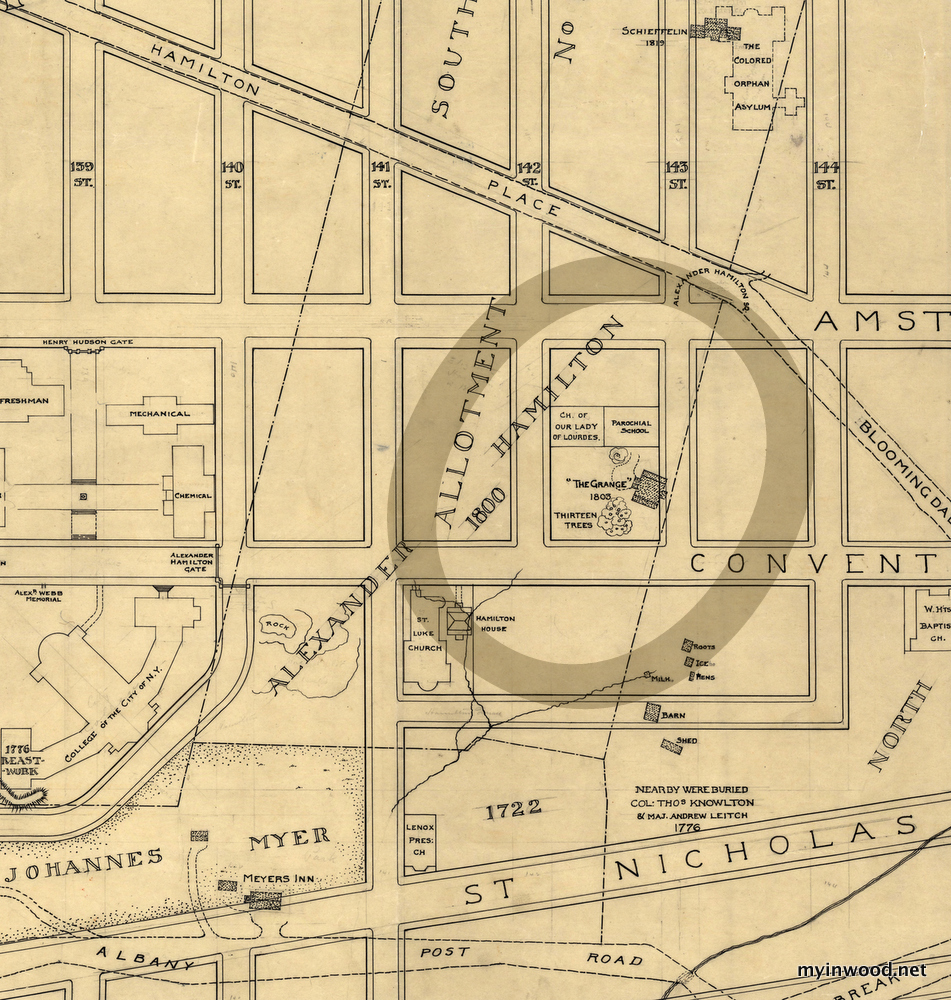 Historic Washington Heights map with Hamilton's home, The Grange, highlighted. (Map by Reginald Pelham Bolton.) 