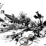 Dyckman 1875 sketch of the Dyckman Farmhouse.  Could the highlighted shape be the overturned twelfth milestone?  (Collection of the Dyckman Farmhouse Museum)