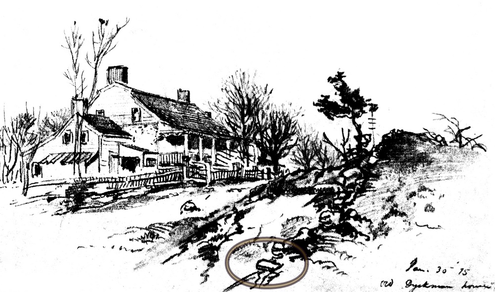 Dyckman 1875 sketch of the Dyckman Farmhouse. Could the highlighted shape be the overturned twelfth milestone? (Collection of the Dyckman Farmhouse Museum) 