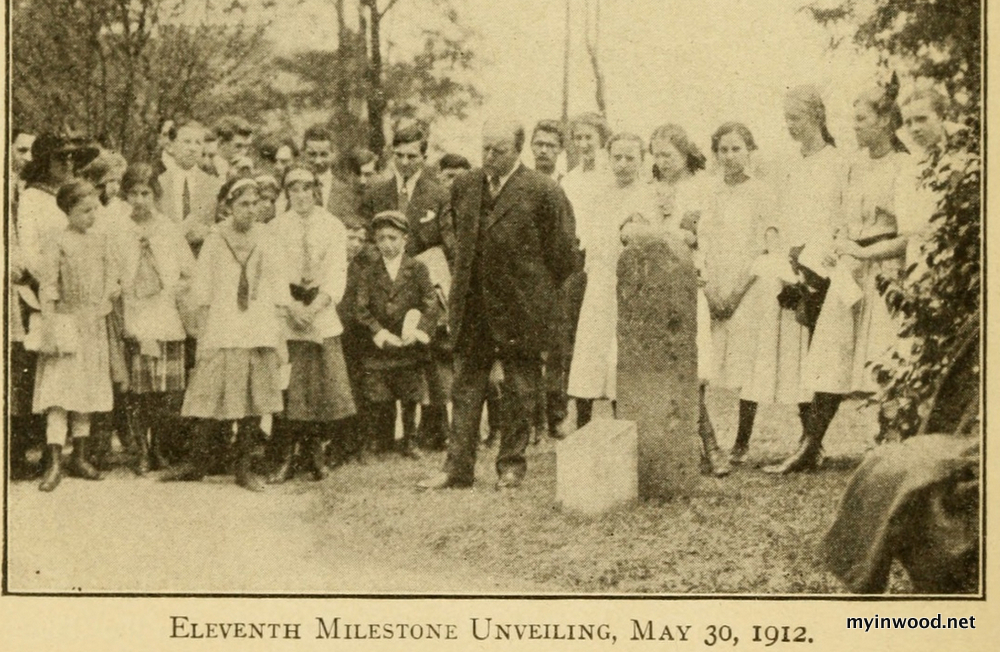 Park Commissioner Charles B. Stover at ceremony for milestone 11 at the Morris-Jumel Mansion. (The Milestones and the Old Post Road, City History Club, 1915)