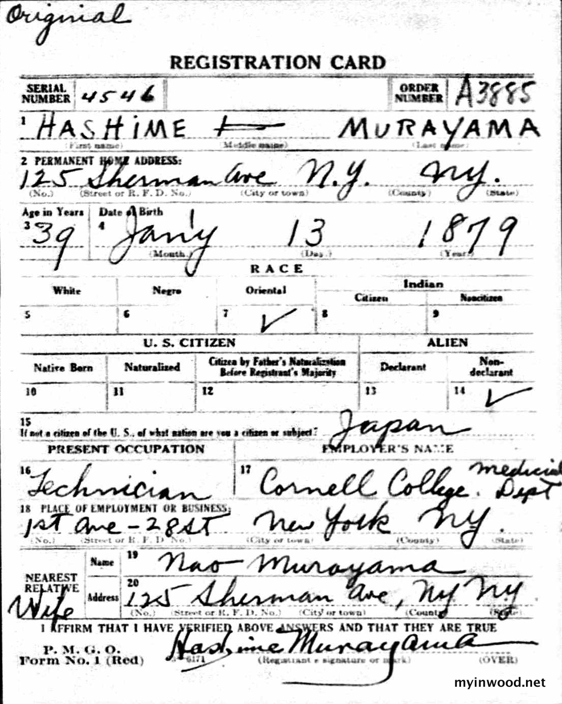 World War I draft registration card for Hashime Murayama.