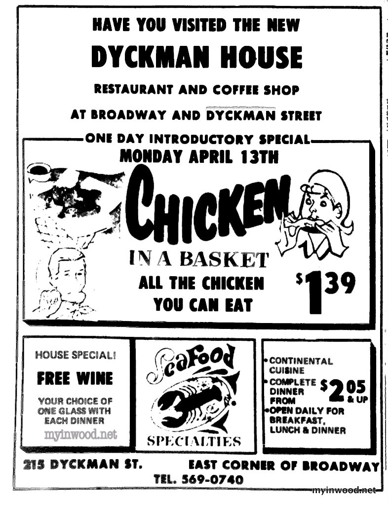 Dyckman House Restaurant chicken night, Riverdale Press, April 9, 1970.