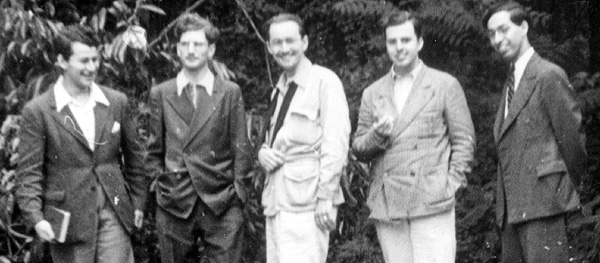 Futurians.  Left to right: Cyril Kornbluth, Chester Cohen, John Michel, Robert A.W. Lowndes, Donald A. Wollheim. Photo Credit: Jack Robins (1939)