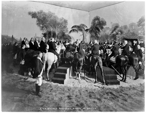 CKG Billings, whose French inspired Château once occupied the current site of Fort Tryon Park, hosted a horseback dinner at Sherry's Restaurant in 1903. The image came to represent the excesses of the Gilded Age.